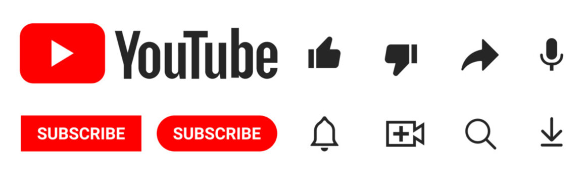 YouTube Logo with Subscribe, Like, Dislike, Share, Mic, Bell, Upload, Search, and Download Button Icons set on Transparent Background Vector Illustration for Social Media Interface and UI Design