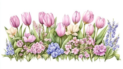 Watercolor blooms of tulips, poppy, and daisy create a dance arrayed in bright hues