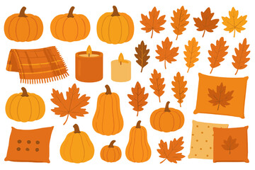 Decorative autumn elements featuring pumpkins, leaves, candles, and cozy blankets for seasonal celebrations