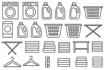 Laundry supplies and equipment arranged neatly on a white background for home cleaning tasks