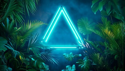 Neon glowing triangle in dark tropical jungle background. 3D Rendering