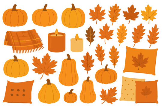 Decorative autumn elements featuring pumpkins, leaves, candles, and cozy blankets for seasonal celebrations