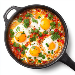 frying pan with shakshuta on white background top view