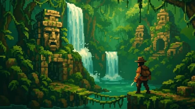 Pixel Art Jungle Adventure with Explorer, Waterfalls, and Ancient Ruins in Retro 16-Bit Style