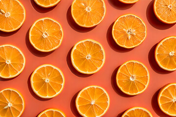 Obraz premium Photo of Vibrant orange halves arranged in a colorful and refreshing flat lay pattern on a bright orange background