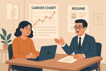 Career development meeting focused on resume building and career chart analysis in a modern office setting