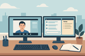 Remote work setup with dual monitors featuring video call and note-taking in a modern office space