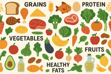 Colorful display of food categories highlighting healthy eating options and balanced nutrition choices