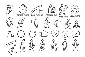 Variety of fitness and wellness icons representing different exercises and reminders for healthy habits and activities