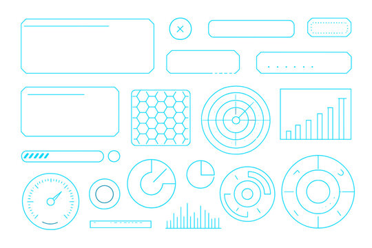 Various geometric shapes and graphical elements with blue outlines suitable for design projects and presentations