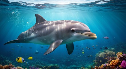 Fototapeta premium Majestic Dolphin Swimming Underwater in a Vibrant Coral Reef Environment