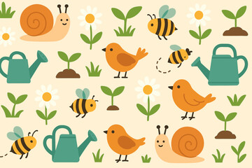 Colorful garden scene with flowers, snails, bees, and birds in a cheerful spring setting