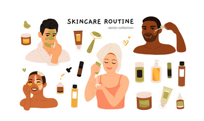 Set of men and women applying cleansing and moisturizing face skincare products at home. Everyday skin care routine with cleanser and moisturizer. Modern flat vector illustration isolated on white