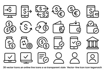Vector icons depicting financial transactions, payment methods, and secure online banking for digital platforms