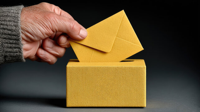 Hand Placing Yellow Envelope in Ballot Box Against Dark Background