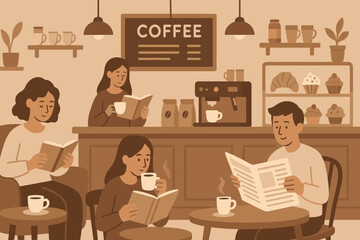 People enjoying coffee while reading in a cozy cafe during a leisurely afternoon in a warm atmosphere