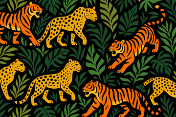 Stylized depiction of tigers and leopards in lush foliage, showcasing vibrant animal patterns