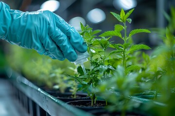 Gardener tending to young plants in a greenhouse with gloves and a dropper