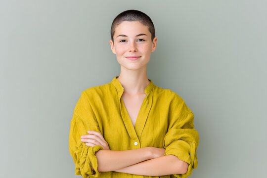 Confident woman with short buzzed hair in mustard yellow shirt, standing with arms crossed, minimalist green background, empowering modern portrait, studio light setup

