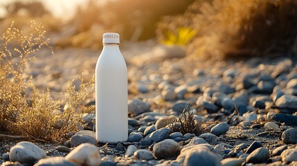 bottle of water on table in front of black brick wall background
