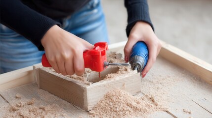 Close-up view of hands working with wood and tools.