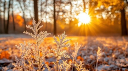 Frosty plants bathed in golden sunlight