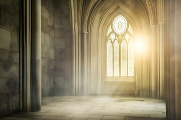 Fototapeta premium Sun-drenched interior of an ancient stone cathedral with arched windows, pillars, and a hazy, ethereal atmosphere