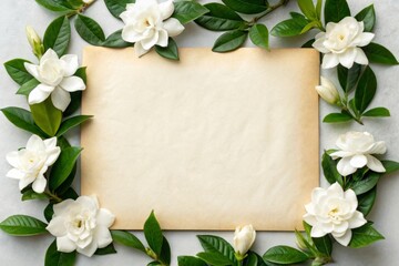 Captivating flat lay display of fresh gardenias and soft white petals on aged paper surrounded by lush green leaves creating an elegant and fragrant atmosphere