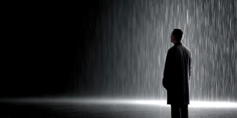 Fototapeta premium Solitary Man Standing in the Rain Under Dramatic Light