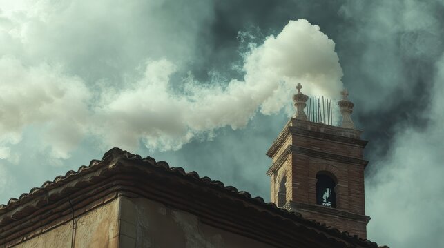 White smoke rises from the chapel chimney, indicating the successful election of a new pope during the papal conclave, smoke from chimney ,incense sticks in a temple, tower of the church,4k video,