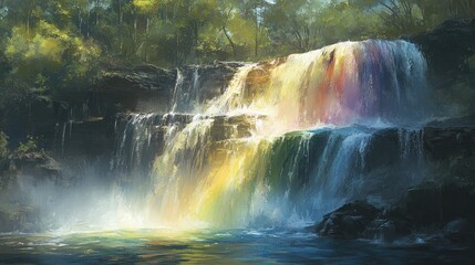 A waterfall cascades down rocky cliffs, displaying vibrant colors.