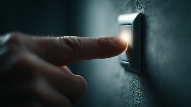 Dedo encendiendo interruptor de luz en ambiente interior oscuro