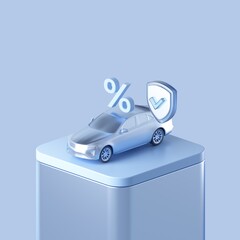 Percent sign and car with safety shield. 3d render fintech concept. 