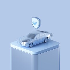 Car with safety shield on podium. 3d render fintech concept. 