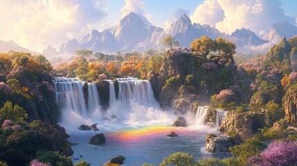 Serene waterfall cascading down rocky slopes in a vibrant landscape.