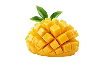 Diced Mango with Leaves Isolated on Transparent Background