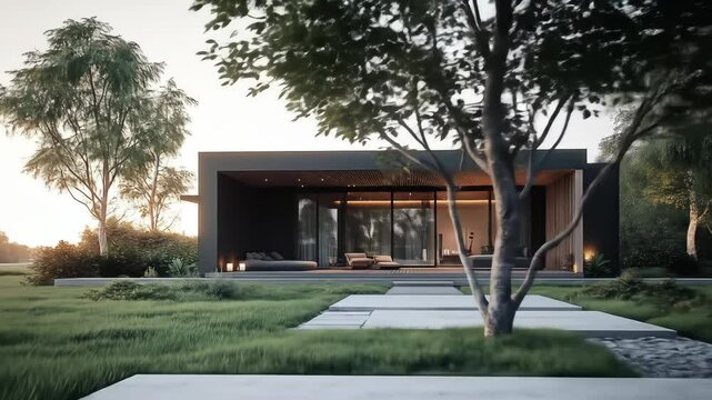 Modern architectural house with large glass windows, surrounded by greenery. The structure features a flat roof and a minimalist design.
