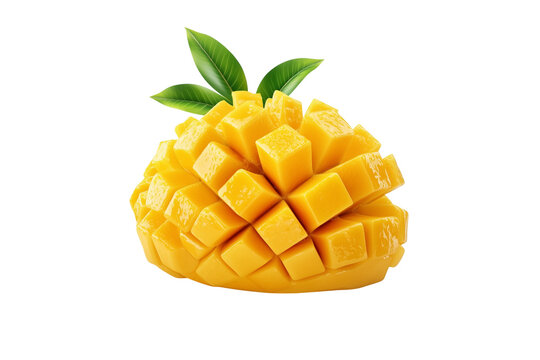Diced Mango with Leaves Isolated on Transparent Background