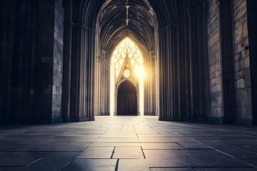 Fototapeta premium Grand Gothic Architecture Interior with Arched Doorway and Sunlight
