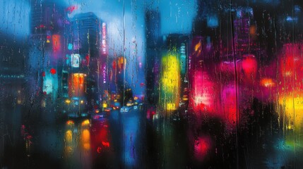 Fototapeta premium Moody rain-soaked cityscape with blurred neon lights reflected on wet windowpane, viewed through misty glass, with dark vibrant colors swirling.
