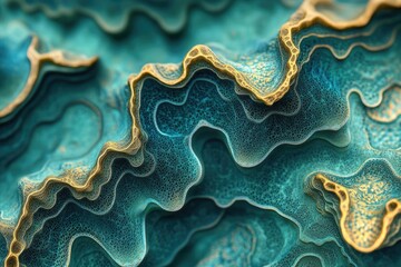 Abstract teal and gold layered texture art, resembling geological strata or organic growth patterns.