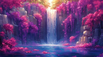 Lush waterfall cascading through a vibrant floral landscape.