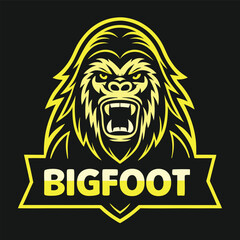 Yellow Bigfoot Mascot Logo with Aggressive Gorilla Face and Bold Text on a Black Background for Sports or Gaming Teams striking yellow mascot
