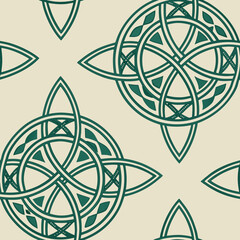 Intricate Celtic knotwork seamless vector pattern design in green  