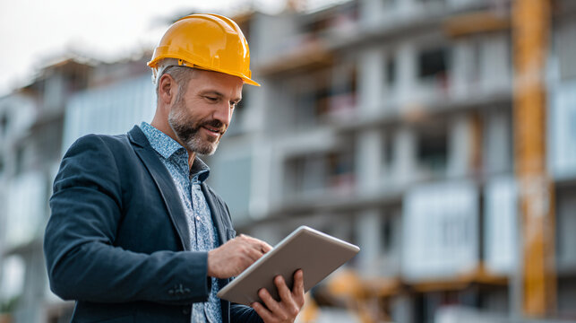 businessman at construction site engineer with tablet and helmet. architecture blueprint worker man contractor adult engineering industry