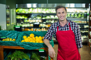 Man wearing red apron, plaid shirt leaning on bins at supermarket with oranges, lemons, copy space