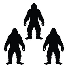 Three Black Silhouettes of Bigfoot Creatures on a White Background Representing Cryptids and Folklore Mysterious and Legendary Isolated and Graphic The image features