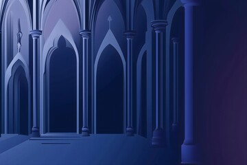 Mysterious dark gothic hall of a fantasy castle with columns and arches in blue and purple light illustration