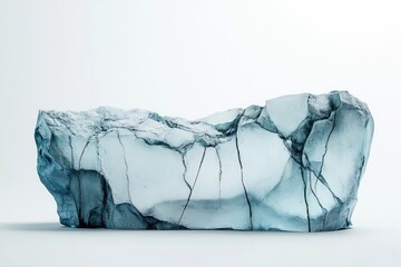 A glacial chunk, intricately fractured and partially melted, rests on a pristine white surface, conveying coldness and environmental fragility.