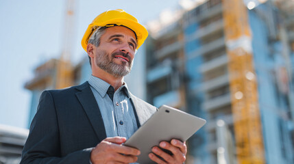 businessman at construction site engineer with tablet and helmet. architecture blueprint worker man contractor adult engineering industry